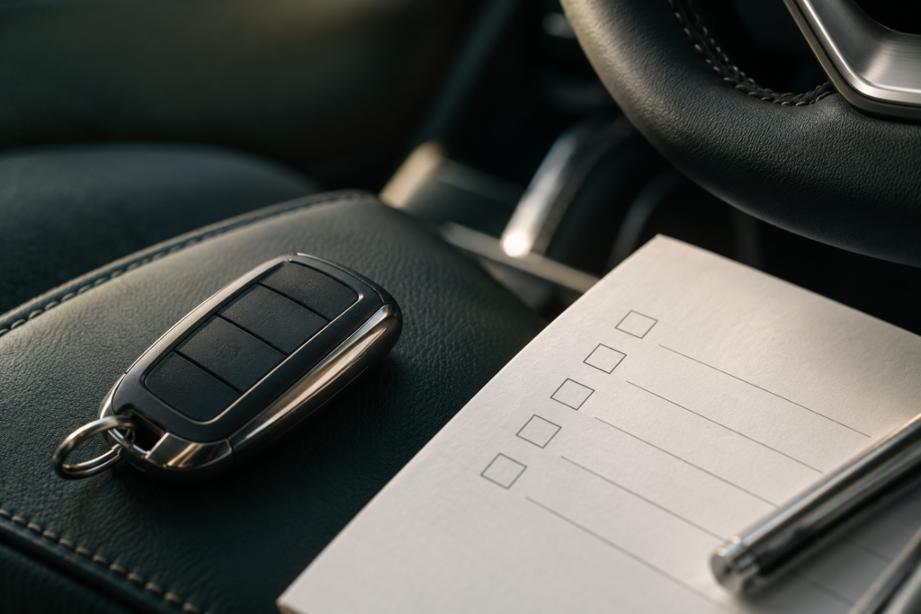 Chave automóvel junto de uma lista de verificação no interior de um carro.